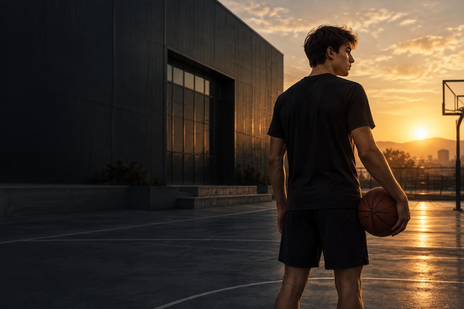 Teen athlete holding a basketball at sunset